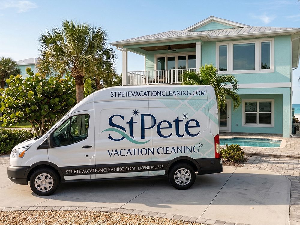 St. Pete Vacation Cleaning branded service van parked at a luxury beachfront vacation rental in Clearwater Beach, Florida.